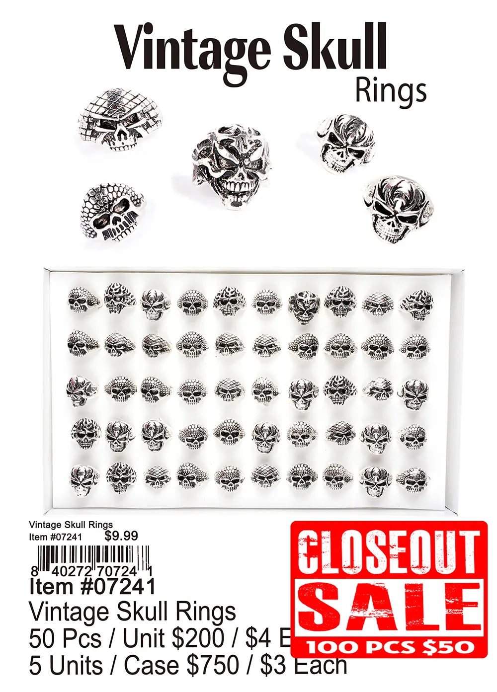 Vintage Skull Rings - Closeout 100 Pcs.